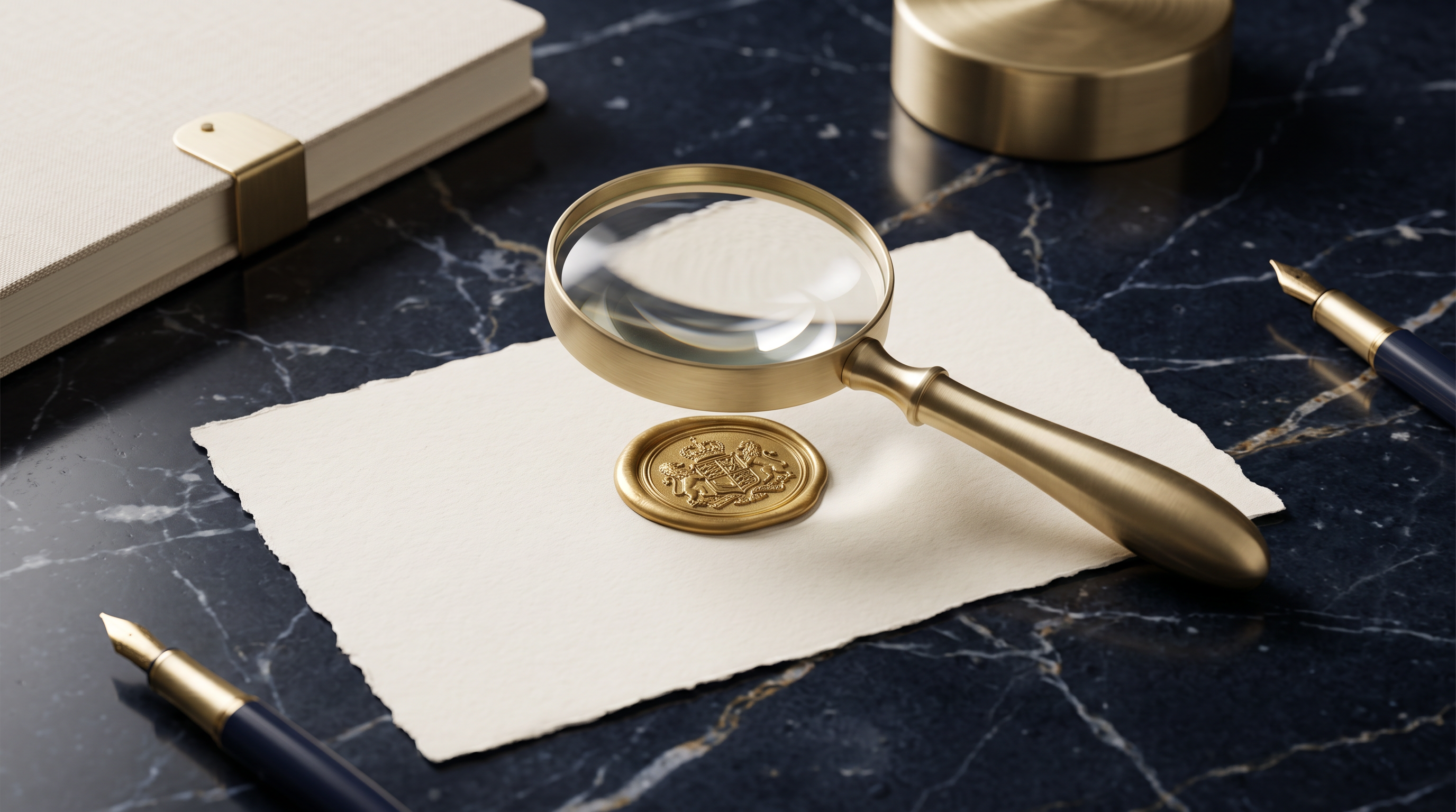 Editorial illustration: brass magnifying glass over a cream document