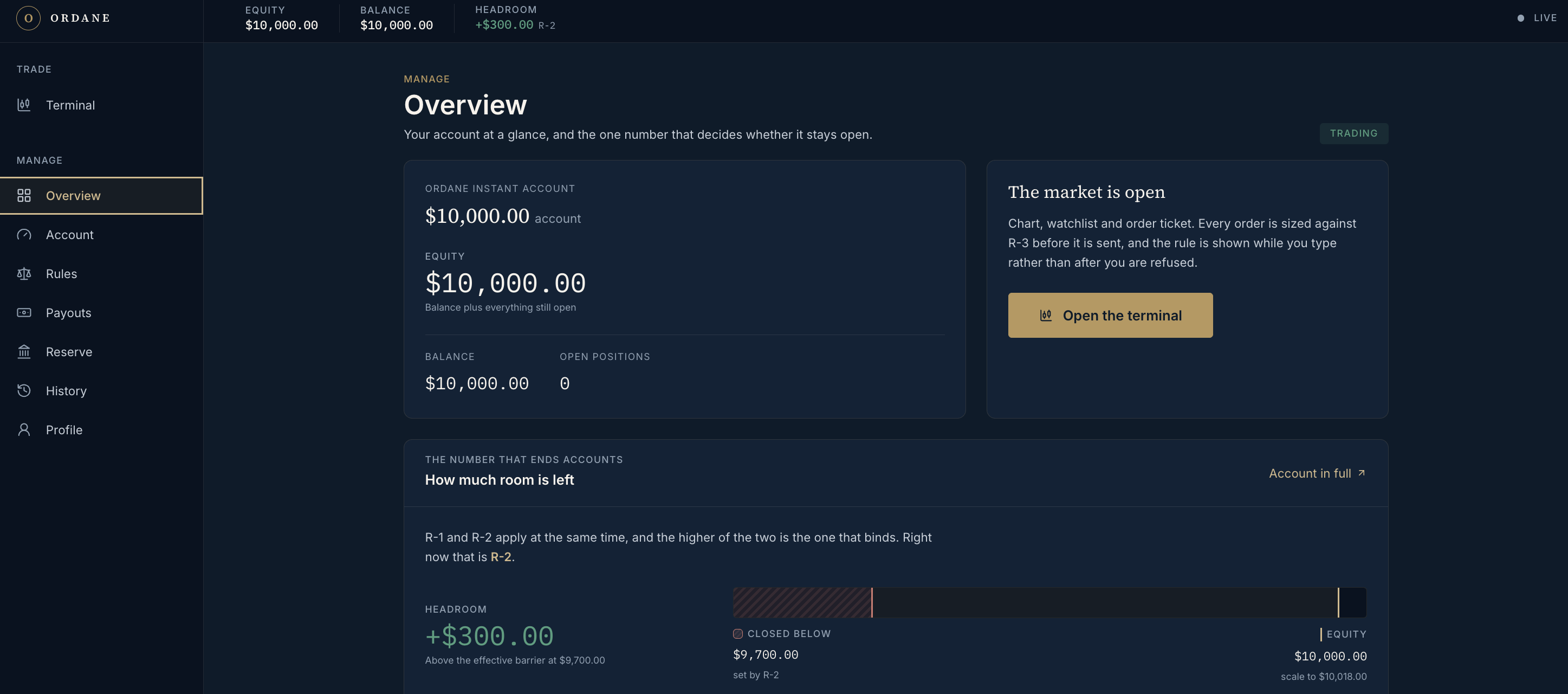 Ordane Overview — simulated account equity and headroom