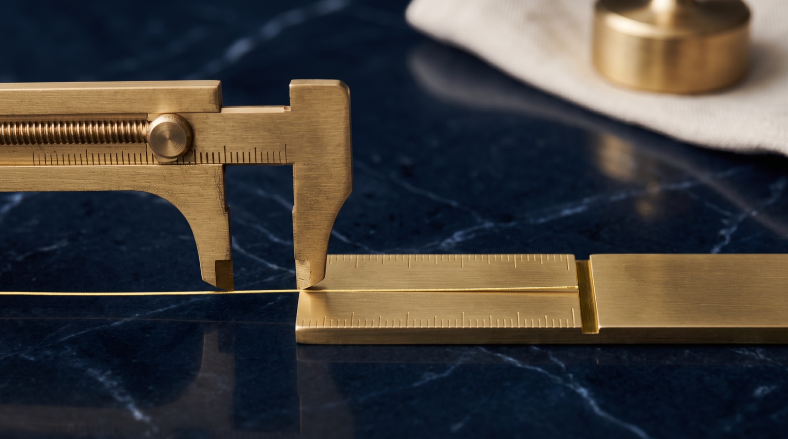 Brass caliper aligned with a gold line, illustrating defined limits