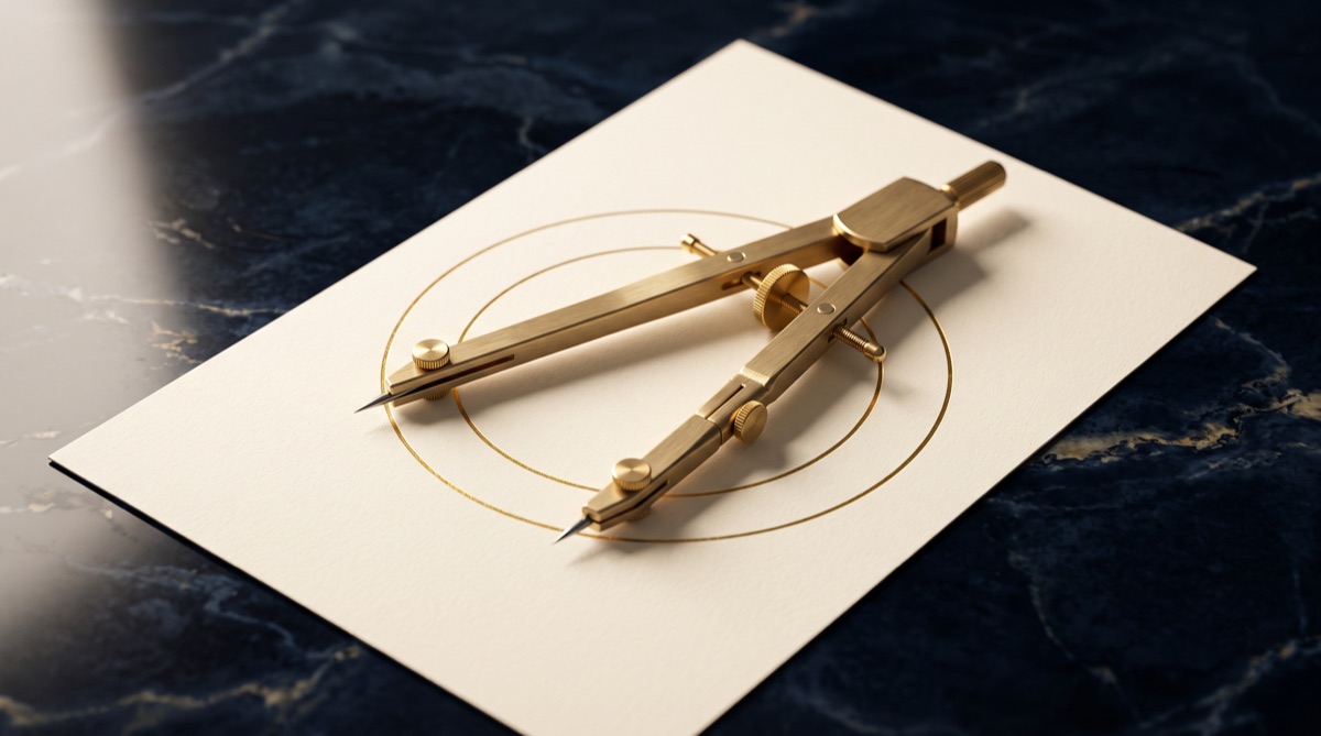 Editorial illustration of a brass compass and expanding circles