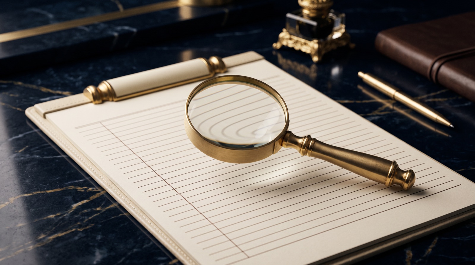 Magnifying glass over an open notebook, illustrating careful review