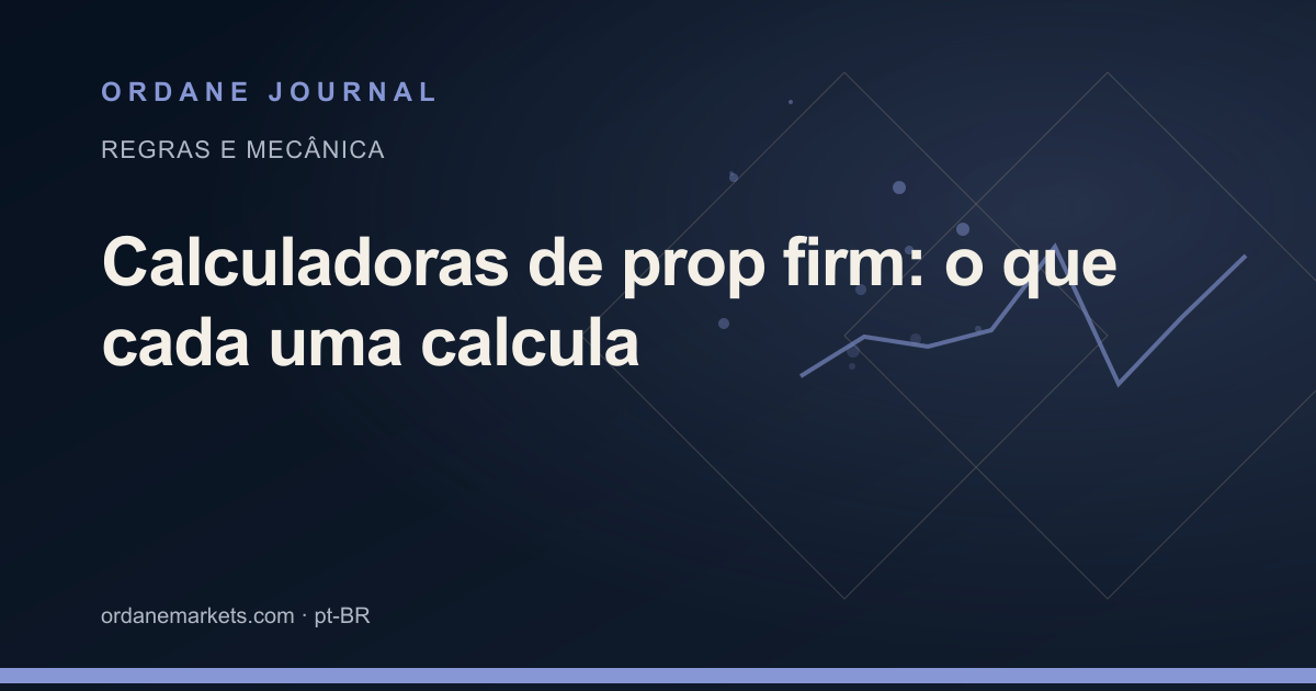 Calculadoras de prop firm: o que cada uma calcula. Ordane Journal.